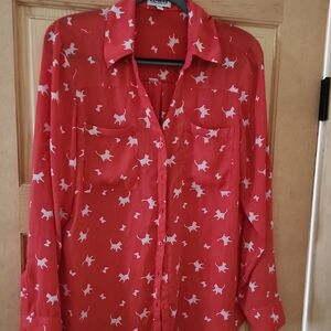 Express Red Button-Up Blouse with Cat Print